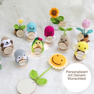 Könnte beinhalten: Eine Sammlung handgefertigter Häkelfiguren, darunter eine Schildkröte, ein Faultier, ein Pinguin, eine Avocado und eine Biene, jeweils mit einem Holzsockel und einem kleinen Anhänger. Die Figuren sind in verschiedenen Farben und Designs gehalten, mit einer Sonnenblume und einem Blumentopf.