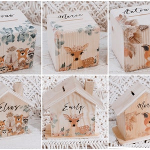 Hucha, hucha con nombre, hucha para niños, hucha para bautizo, hucha con animales del bosque, regalo para bebé, decoración habitación infantil, hucha de madera, hucha