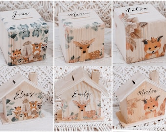 Money box, money box with name, children's money box, baptism money box, forest animals money box, baby gift, children's room decoration, wooden money box, piggy bank