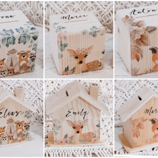 Personalized wooden money box – money box for children with animal motifs (deer, fox, forest animals) – gift for birth, baptism & birthday