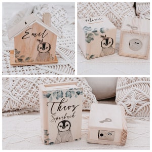 Money box, money box with name, money box for children, baptism money box, penguin money box, baby gift, children&#39;s room decoration, wooden money box, piggy bank