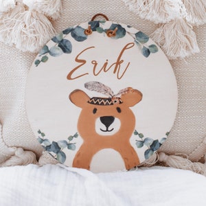 Namensschild Holz Waldtiere, Baby Schild, Babyzimmer Deko, Holzschild personalisiert,Boho Tiere,Fuchs, Reh,Geschenke zur Geburt,Namensschild Bär