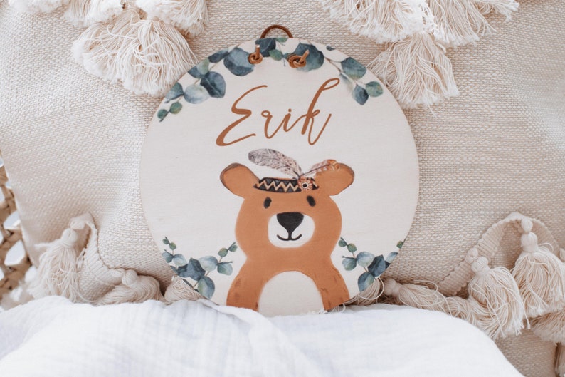 Namensschild Holz Waldtiere, Baby Schild, Babyzimmer Deko, Holzschild personalisiert,Boho Tiere,Fuchs, Reh,Geschenke zur Geburt,Namensschild Bär