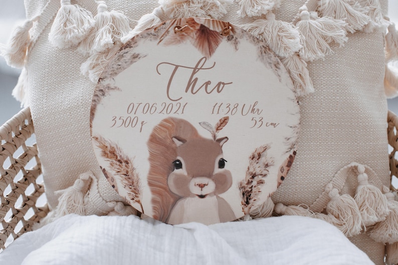 Namensschild Holz Waldtiere, Baby Schild, Babyzimmer Deko, Holzschild personalisiert,Boho Tiere,Fuchs, Reh,Geschenke zur Geburt,Namensschild Eichhörnchen