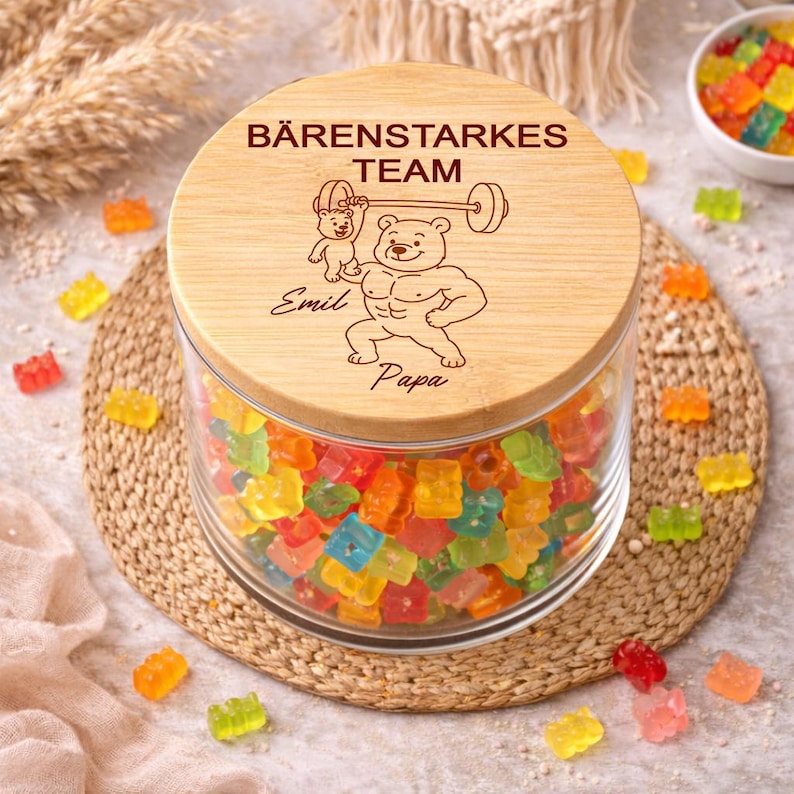 Vorratsglas mit Gravur als Geschenk für den besten Papa Personalisiert mit Motiv Bärenstarkes Team