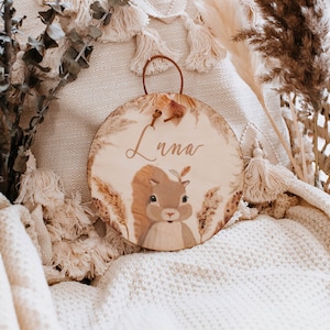 Targhetta in legno animali del bosco, scoiattolo, targhetta per bambini, decorazione cameretta, targhetta in legno personalizzata, animali boho, volpe, cervo, targhetta per nome, nascita