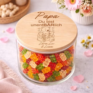 Geschenkidee für Papa mit Gummibärchen Glas und Holzdeckel