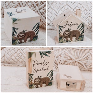 Hucha, hucha con nombre, hucha para niños, hucha de bautizo, hucha de perezoso, regalo para bebé, decoración de la habitación de los niños, hucha de madera, alcancía