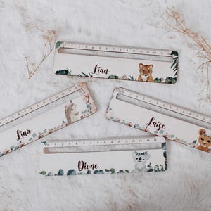 Może przedstawiać: Cztery spersonalizowane linijki z imionami i ilustracjami zwierząt. Każda linijka jest biała z przezroczystą plastikową krawędzią i zawiera inne imię: Lina, Lian, Luíse i Dione. Linijki mają kwiatowe i zwierzęce wzory, w tym lwiątko i koalę.