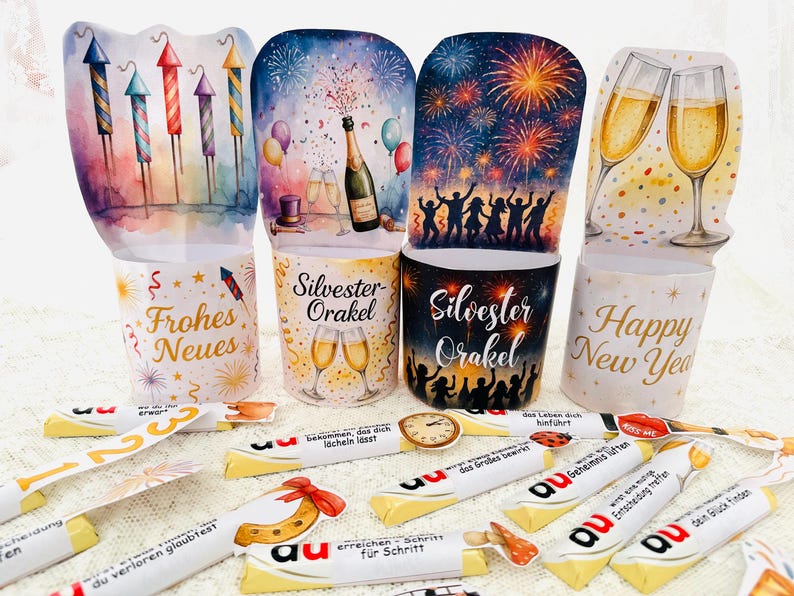 Duplo Banderolen im Happy New Year Design, Silvester Printable PDF mit Motivationssprüchen und Glücksbotschaften