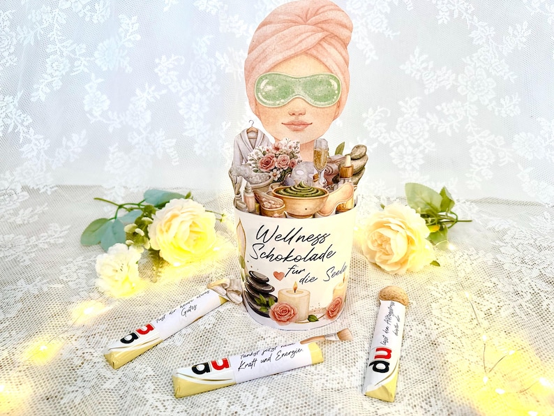 Wellness Schokolade für die Seele mit liebevoll gestalteten Duplo Banderolen