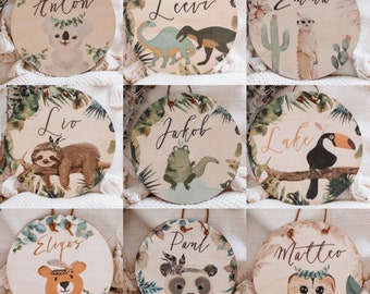 Babycadeau, naambordje, naambordje kinderkamer, deurbordje kinderkamer, houten bordje dieren, naambordje baby, houten bordje gepersonaliseerd