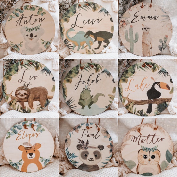 Babygeschenk,Namensschild,Namensschild Kinderzimmer, Türschild Kinderzimmer, Holzschild Tiere, Namensschild Baby, Holzschild personalisiert