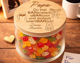 Regalo personalizado para papá: ¡Fuerte, genial y divertido! Regalo para el Día del Padre: Frasco para guardar ositos de goma. Idea de regalo para papá.