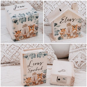 Money box, money box with name, children's money box, baptism money box, forest animals money box, baby gift, children's room decoration, wooden money box, piggy bank