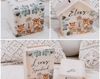 Money box, money box with name, children's money box, baptism money box, forest animals money box, baby gift, children's room decoration, wooden money box, piggy bank