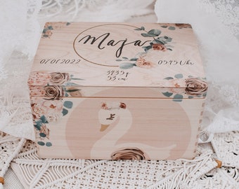 Erinnerungsbox,Erinnerungskiste, Erinnerungsbox personalisiert,Erinnerungsbox Schwan, Aufbewahrungsbox Baby,Babyzimmer,Erinnerungsbox Boho