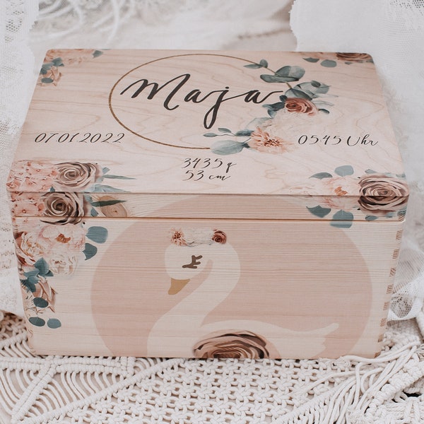 Erinnerungsbox,Erinnerungskiste, Erinnerungsbox personalisiert,Erinnerungsbox Schwan, Aufbewahrungsbox Baby,Babyzimmer,Erinnerungsbox Boho