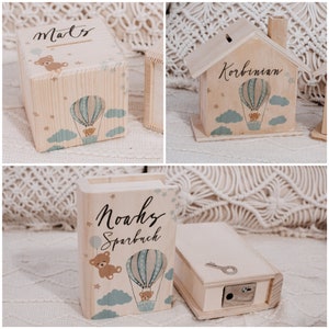 Hucha, hucha con nombre, hucha para niños, hucha de bautizo, hucha de globo aerostático, regalo para bebé, decoración de habitación infantil, hucha de madera, hucha