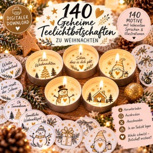 May include: A digital download set of 140 tea light candle inserts featuring Christmas-themed illustrations and German text. The circular paper cutouts display designs like snowmen, gnomes, and trees, intended to be placed in wax candles.