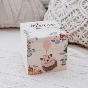Money box, money box with name, money box for children, money box for baptism, money box hedgehog, baby gift, children&#39;s room decoration, wooden money box, piggy bank