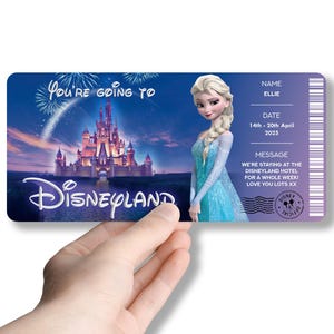 May include: A Disneyland ticket featuring the Disneyland castle, fireworks, and the character Elsa. The ticket includes the name "Ellie" and the dates April 14th-20th, 2025. The ticket also has a message and a Disney logo.