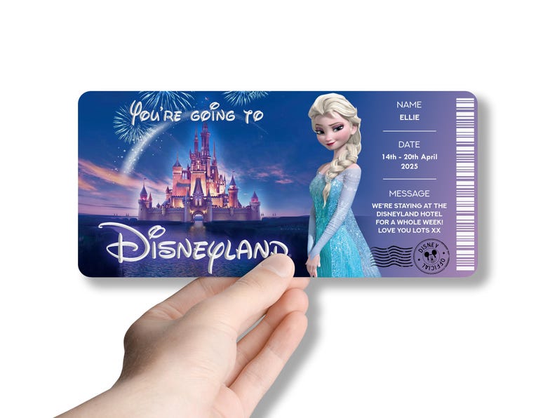 May include: A Disneyland ticket featuring the Disneyland castle, fireworks, and the character Elsa. The ticket includes the name "Ellie" and the dates April 14th-20th, 2025. The ticket also has a message and a Disney logo.