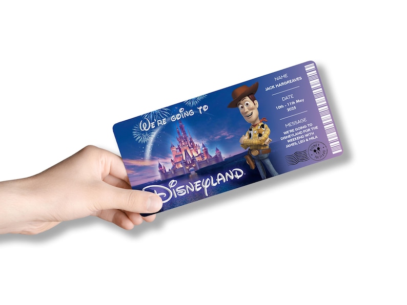 May include: A blue Disneyland ticket featuring Woody from Toy Story, with the text "We're going to Disneyland." The ticket includes a name, date, and a message. The ticket is held by a hand.