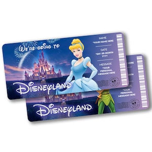 May include: Two Disneyland tickets with Cinderella and Peter Pan. The tickets are blue and purple with the words "We're going to Disneyland" and space for a name, date, and message. The tickets have a Disney logo.