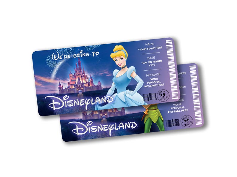 May include: Two Disneyland tickets with Cinderella and Peter Pan. The tickets are blue and purple with the words "We're going to Disneyland" and space for a name, date, and message. The tickets have a Disney logo.