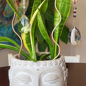 Peut inclure: Composition décorative avec un pot en forme de tête de Bouddha grise contenant des plantes serpentines vertes et jaunes. Des accents en fil de cuivre soutiennent des pendentifs en cristal étincelants. L'ensemble crée une esthétique sereine et naturelle.