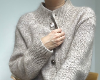 KNITTING PATTERN for Soft Loop Cardigan, classic sweater cardigan with buttons in front, flat knit tutorial, mock neck cardigan