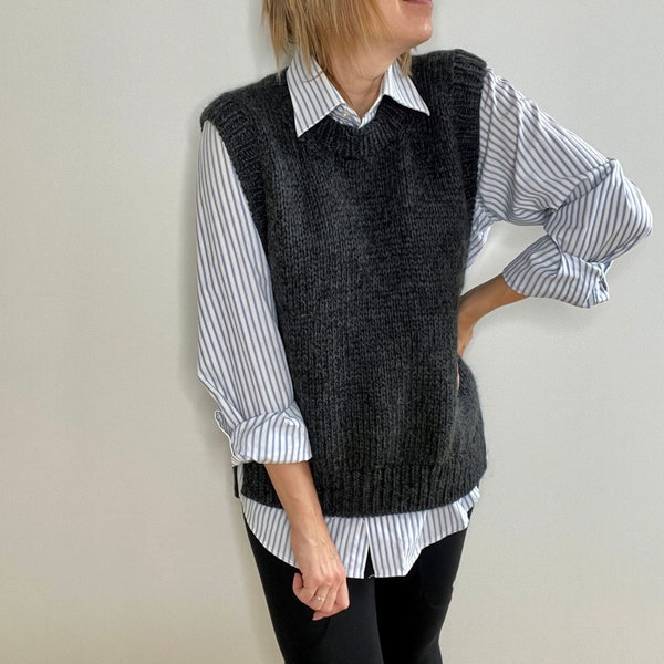 Vest PATTERN easy to knit, advanced beginner to intermediate chunky knit tutorial, fast knit sweater vest, PDF sleeveless sweater pattern
