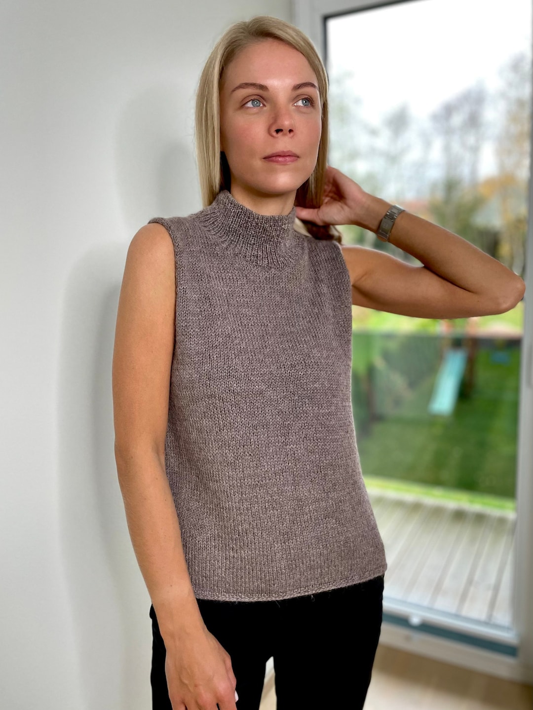 Free Easy Red Heart Turtleneck Vest with Side Slits Knitting
