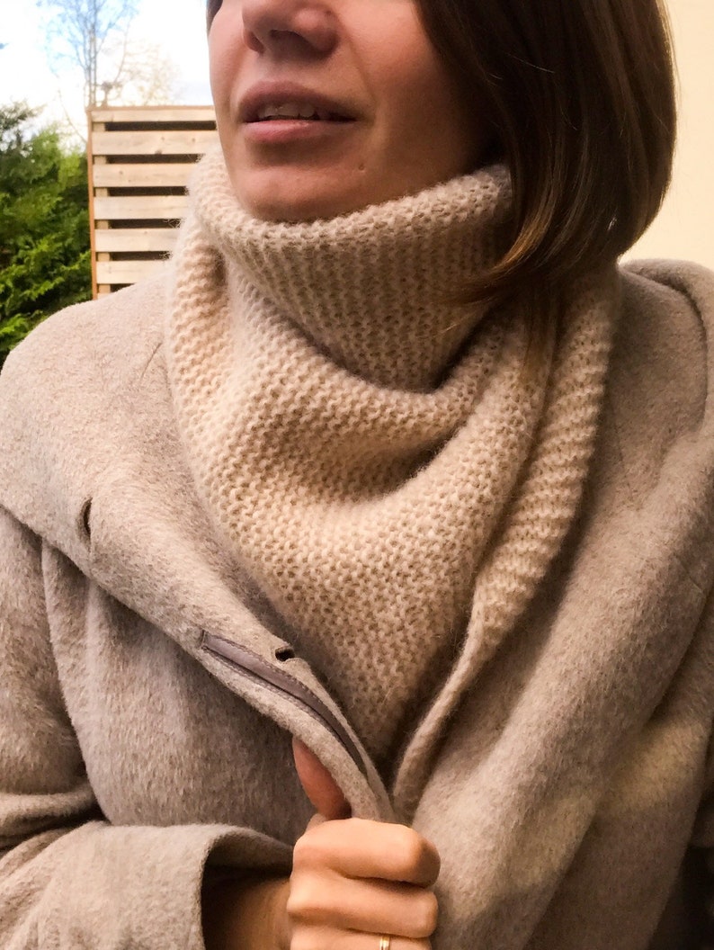 Fluffy knit alpaca beige triangle womens scarf image 7