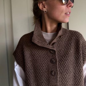 Oatmill Vest Knitting Pattern: High Collar Buttoned Sleeveless Top (PDF Pattern)