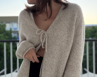 MoonVeil Cardigan Knitting Pattern PDF: tie front DIY sweater in stockinette stitch and supporting video tutorials