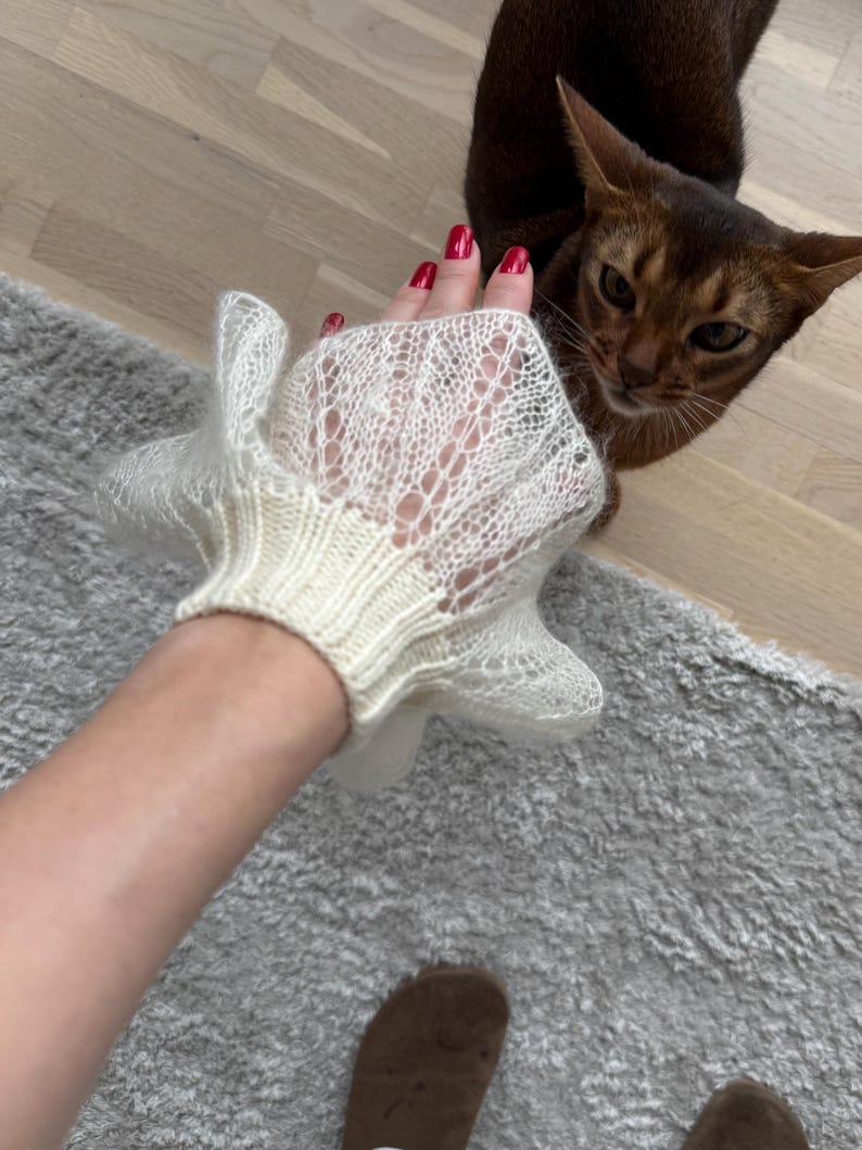 May include: A cream-colored, open-weave glove with a ruffled edge. The glove is made of a delicate, possibly knitted or crocheted material. A brown cat with large ears is in the background.