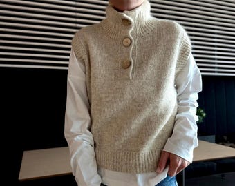 Mistfall Vest Knitting Pattern: High Neck and Buttoned Placket Slipover (Worsted Weight, Bottom-Up Construction, PDF Pattern with video)