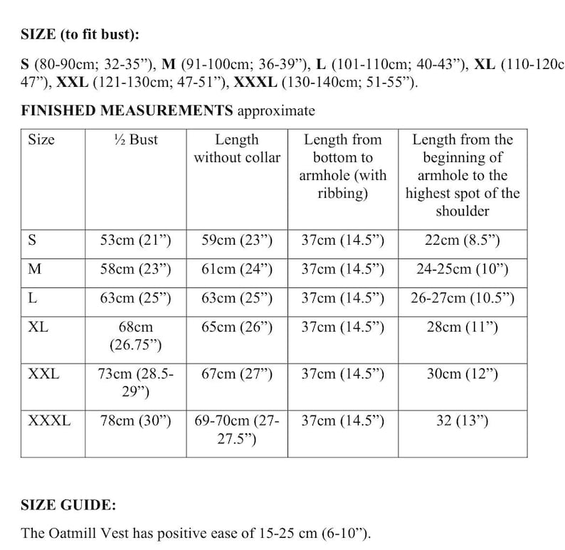 May include: A size chart for a vest, showing measurements in inches and centimetres for different sizes, from S to XXXL. The chart includes measurements for bust, length, armhole, and shoulder.