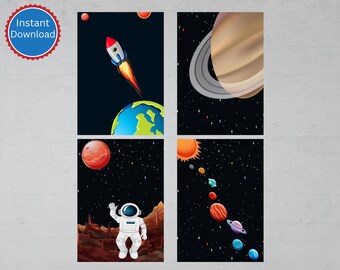 Space Wall Art, Space Art For Kids, Space Themed Wall Decor, 4 Print Series, Digital Download, Space Art Nursery Decor, Printable Wall Art