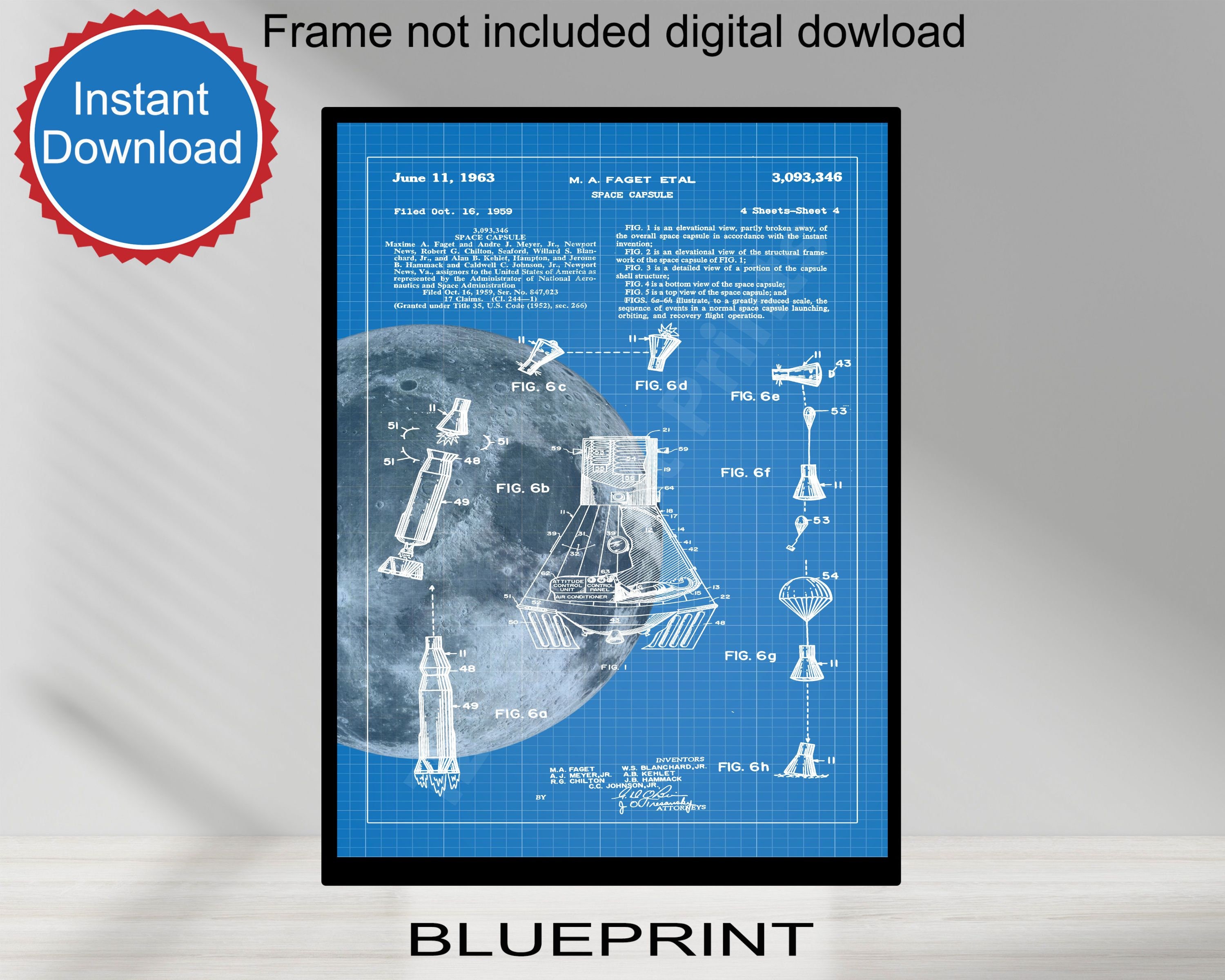 PRINTABLE NASA Space Capsule Patent Print Art 1963 Aerospace Scientist ...