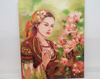 Folk art female painting on canvas , Portrait of Bulgarian woman in traditional garb,  stretched on wooden frame