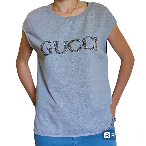 L Size  Women GUCCI Top Tank T-shirt Blouse Italy Cotton handmade Embroidered Blouse Clothing Collection