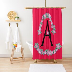 Cortina de ducha con diseño floral y alfabeto: letra A rosa, elegante decoración para el baño, cortina de baño de diseño con flores, artículos esenciales para el hogar