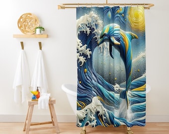 Künstlerischer Delphin-Duschvorhang, Surreal Ocean Waves Design, mehrere Größen erhältlich, enthält hängende Ringe, anpassbare Größen