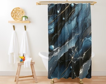 Tenda da doccia in marmo astratto in blu e grigio, diverse misure disponibili, include anelli gratuiti, dimensioni personalizzabili