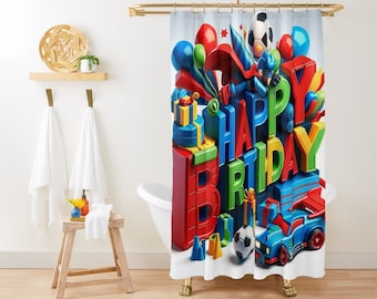 Duschvorhang mit Happy Birthday-Motiv, farbenfrohes Party-Design, wasserdicht, perfekt für Kinderbadezimmer, inklusive Ringen, anpassbare Größen