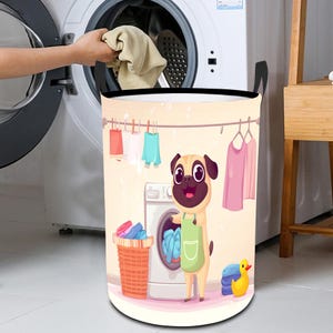 Cute Pug Laundry Basket – Foldable Cartoon Dog Hamper with Handles, Waterproof Clothes Bin for Kids Room, Nursery, or Laundry Room