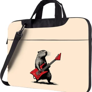 Rockstar Rodent Laptop Bag with Strap, 13 14 15.6 Inch Shoulder Work Tote, Cream Work Tote with Guitar Animal Design, Laptop Shoulder Bag
